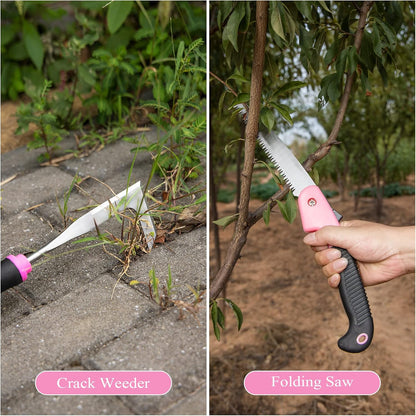 Purple Garden Tool Set Gardening Items for Women - 11PCS Heavy Duty Garden Tools with Detachable Storage Bag, Weeder, Dual-Purpose Hoe
