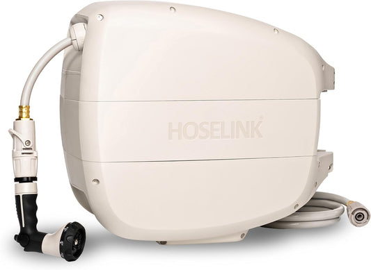 HOSELINK Evolve 90ft Hi-Flow Beige Retractable Garden Hose Reel, NEW Heavy Duty, Automatic Rewind, Lock Anywhere, 180 Degree Swivel, Wall Mounted Watering Solution for yard and outdoors (90ft Hi-Flow)