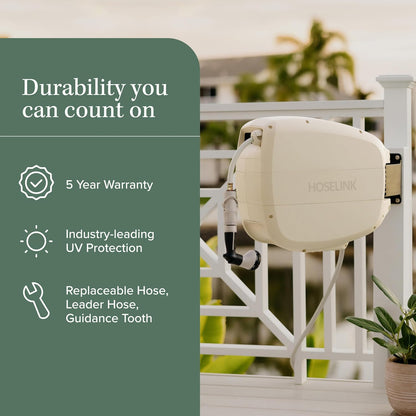 HOSELINK Evolve 90ft Hi-Flow Beige Retractable Garden Hose Reel, NEW Heavy Duty, Automatic Rewind, Lock Anywhere, 180 Degree Swivel, Wall Mounted Watering Solution for yard and outdoors (90ft Hi-Flow)