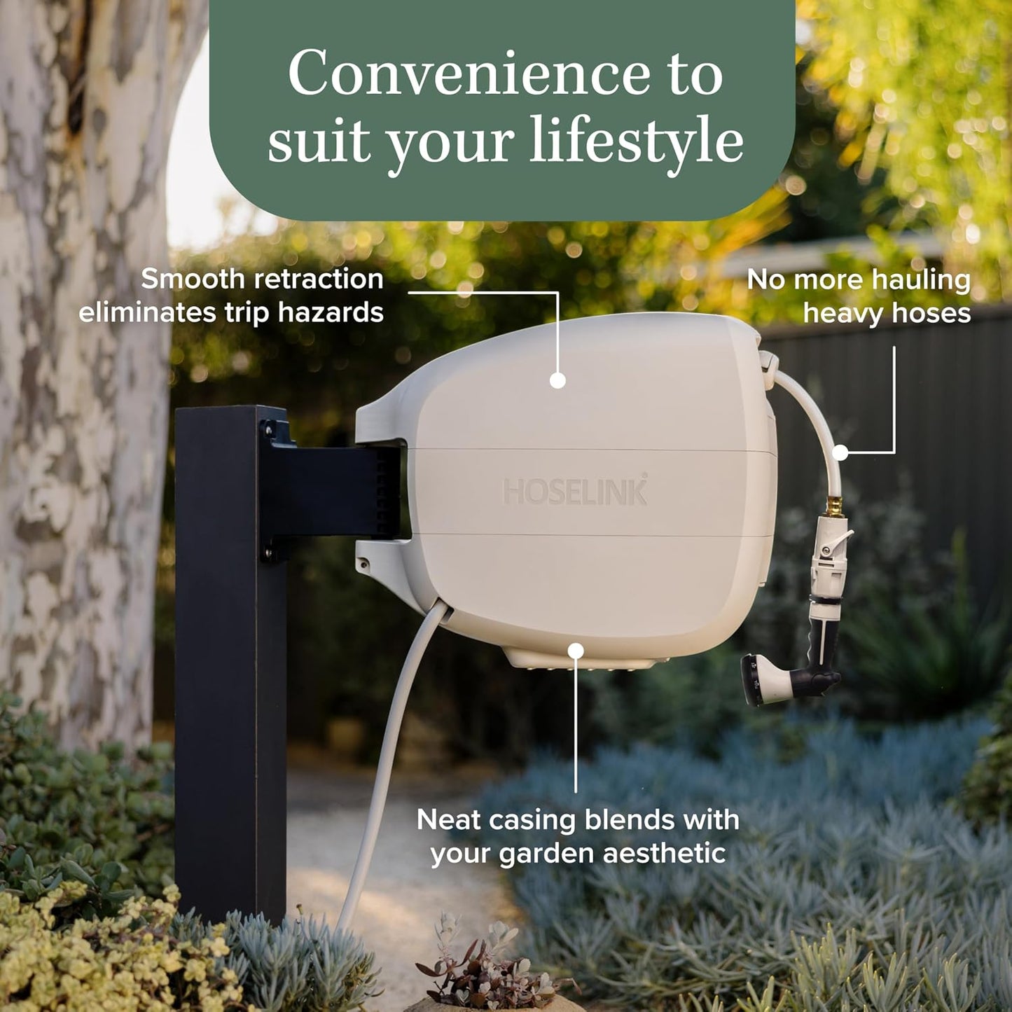 HOSELINK Evolve 90ft Hi-Flow Beige Retractable Garden Hose Reel, NEW Heavy Duty, Automatic Rewind, Lock Anywhere, 180 Degree Swivel, Wall Mounted Watering Solution for yard and outdoors (90ft Hi-Flow)