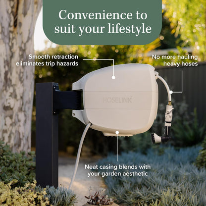 HOSELINK Evolve 90ft Hi-Flow Beige Retractable Garden Hose Reel, NEW Heavy Duty, Automatic Rewind, Lock Anywhere, 180 Degree Swivel, Wall Mounted Watering Solution for yard and outdoors (90ft Hi-Flow)