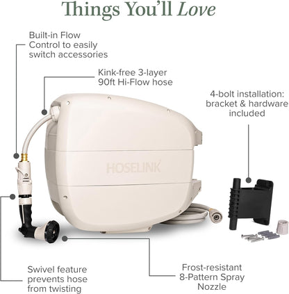 HOSELINK Evolve 90ft Hi-Flow Beige Retractable Garden Hose Reel, NEW Heavy Duty, Automatic Rewind, Lock Anywhere, 180 Degree Swivel, Wall Mounted Watering Solution for yard and outdoors (90ft Hi-Flow)