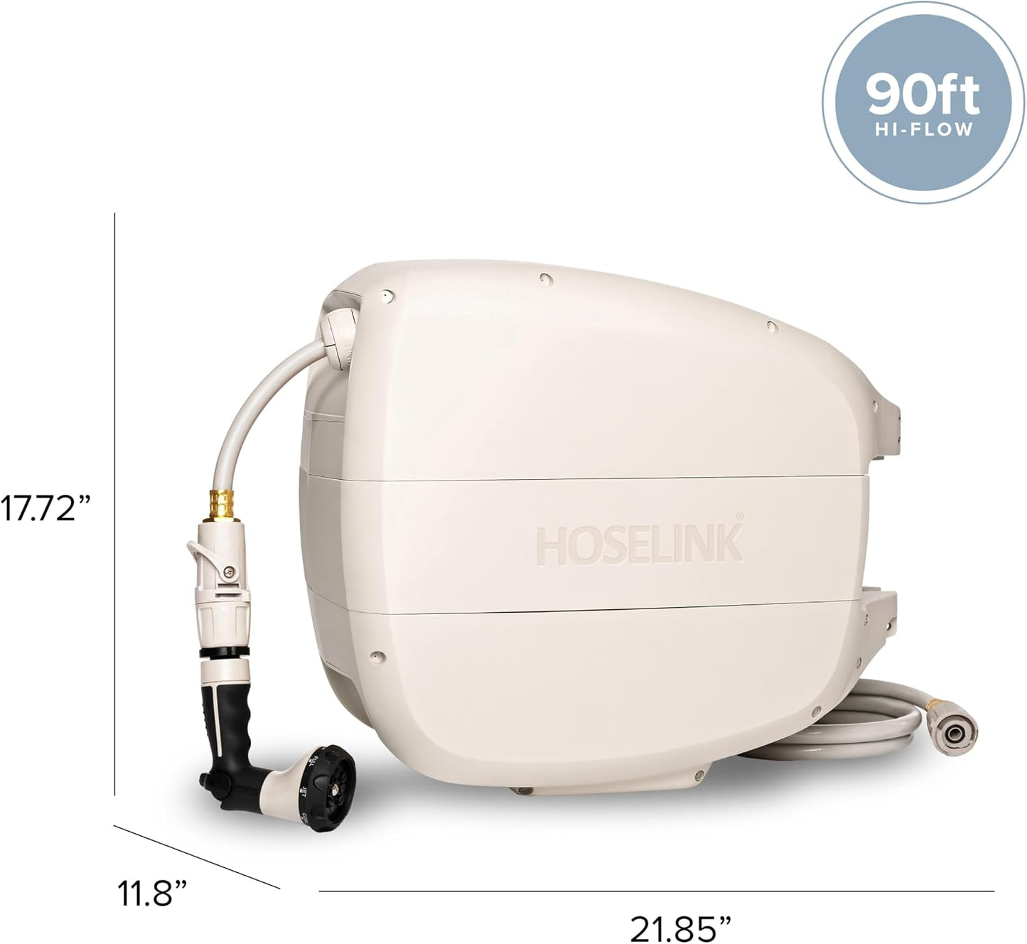 HOSELINK Evolve 90ft Hi-Flow Beige Retractable Garden Hose Reel, NEW Heavy Duty, Automatic Rewind, Lock Anywhere, 180 Degree Swivel, Wall Mounted Watering Solution for yard and outdoors (90ft Hi-Flow)