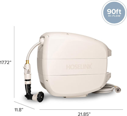 HOSELINK Evolve 90ft Hi-Flow Beige Retractable Garden Hose Reel, NEW Heavy Duty, Automatic Rewind, Lock Anywhere, 180 Degree Swivel, Wall Mounted Watering Solution for yard and outdoors (90ft Hi-Flow)