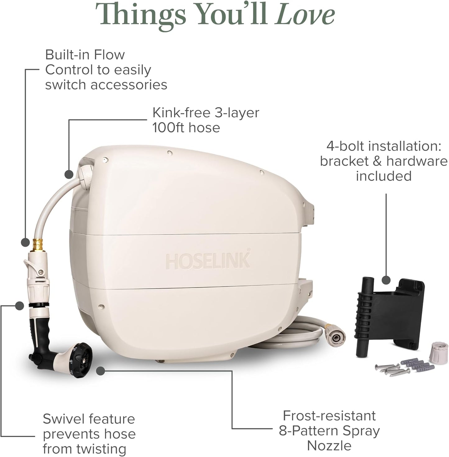 HOSELINK Evolve 90ft Hi-Flow Beige Retractable Garden Hose Reel, NEW Heavy Duty, Automatic Rewind, Lock Anywhere, 180 Degree Swivel, Wall Mounted Watering Solution for yard and outdoors (90ft Hi-Flow)