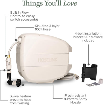 HOSELINK Evolve 90ft Hi-Flow Beige Retractable Garden Hose Reel, NEW Heavy Duty, Automatic Rewind, Lock Anywhere, 180 Degree Swivel, Wall Mounted Watering Solution for yard and outdoors (90ft Hi-Flow)