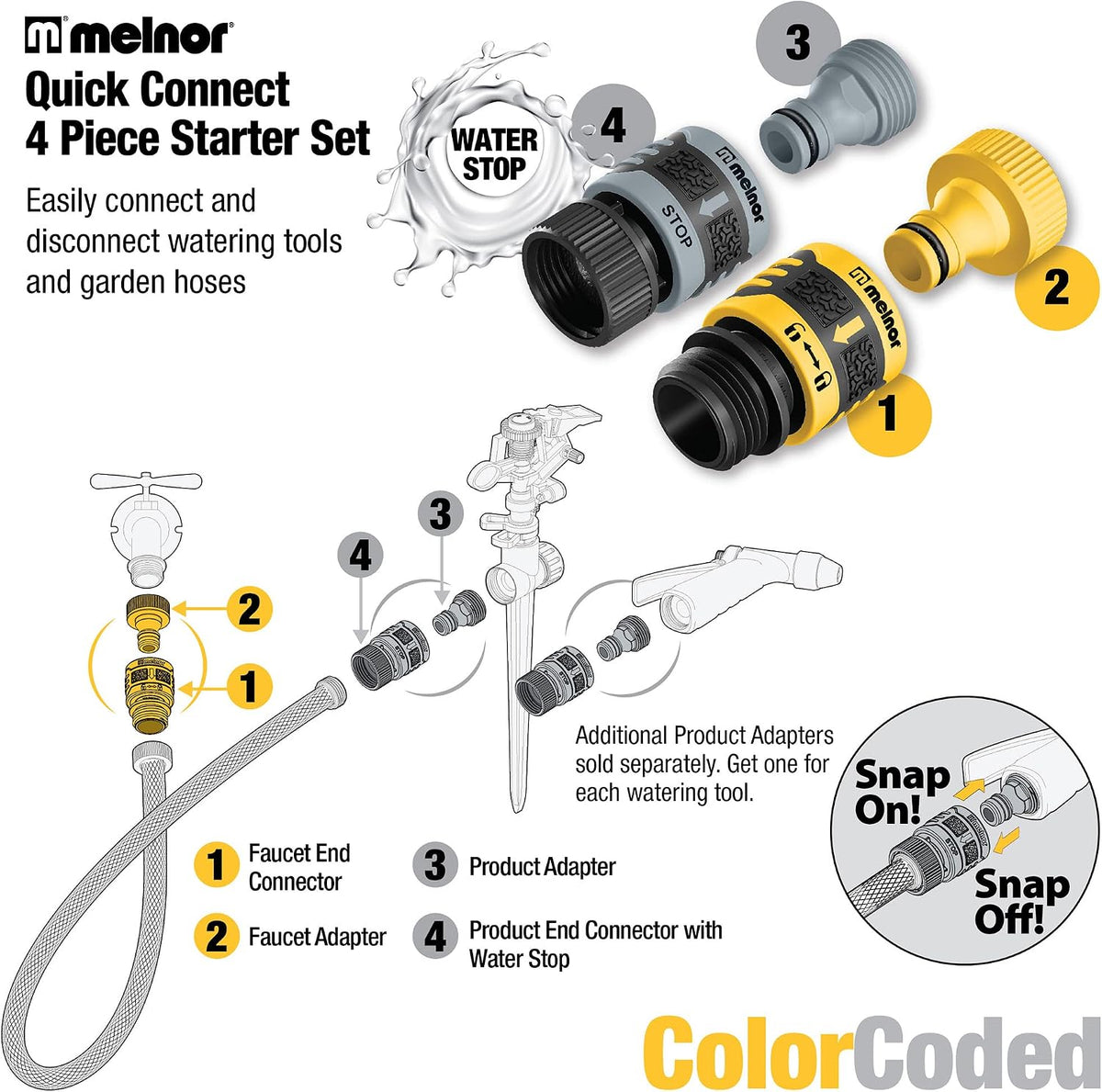 65175AMZ 6 Piece Quick Connect Starter Set Connector Bundle, Product Adapter, Product End Connector, Black, Grey