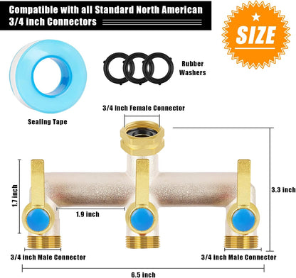 Upgraded Brass Garden Hose Splitter 3 Way Heavy Duty with Extension Handle