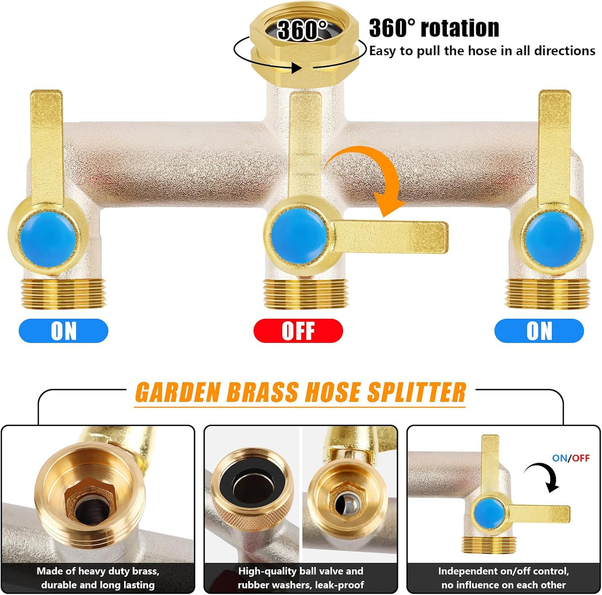 Upgraded Brass Garden Hose Splitter 3 Way Heavy Duty with Extension Handle