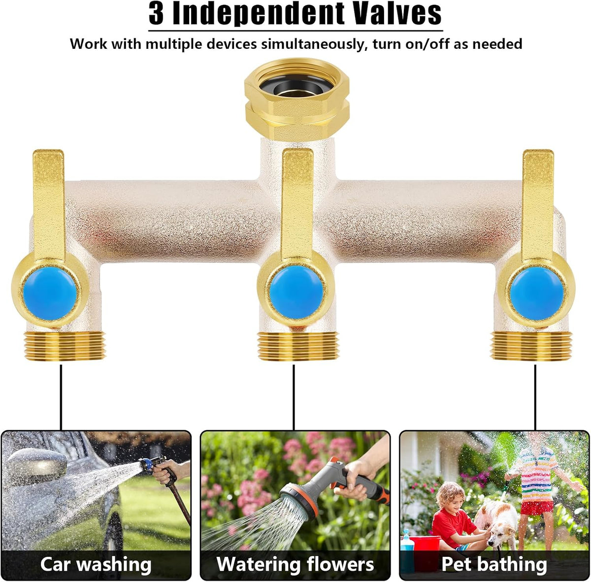 Upgraded Brass Garden Hose Splitter 3 Way Heavy Duty with Extension Handle