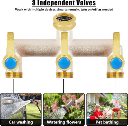Upgraded Brass Garden Hose Splitter 3 Way Heavy Duty with Extension Handle