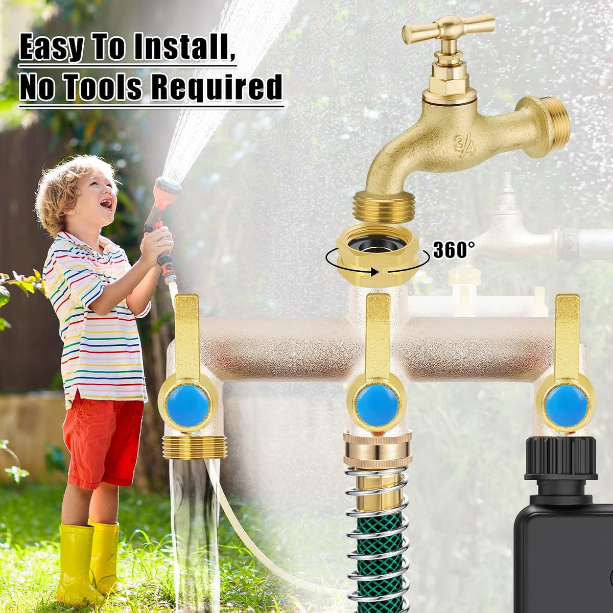 Upgraded Brass Garden Hose Splitter 3 Way Heavy Duty with Extension Handle