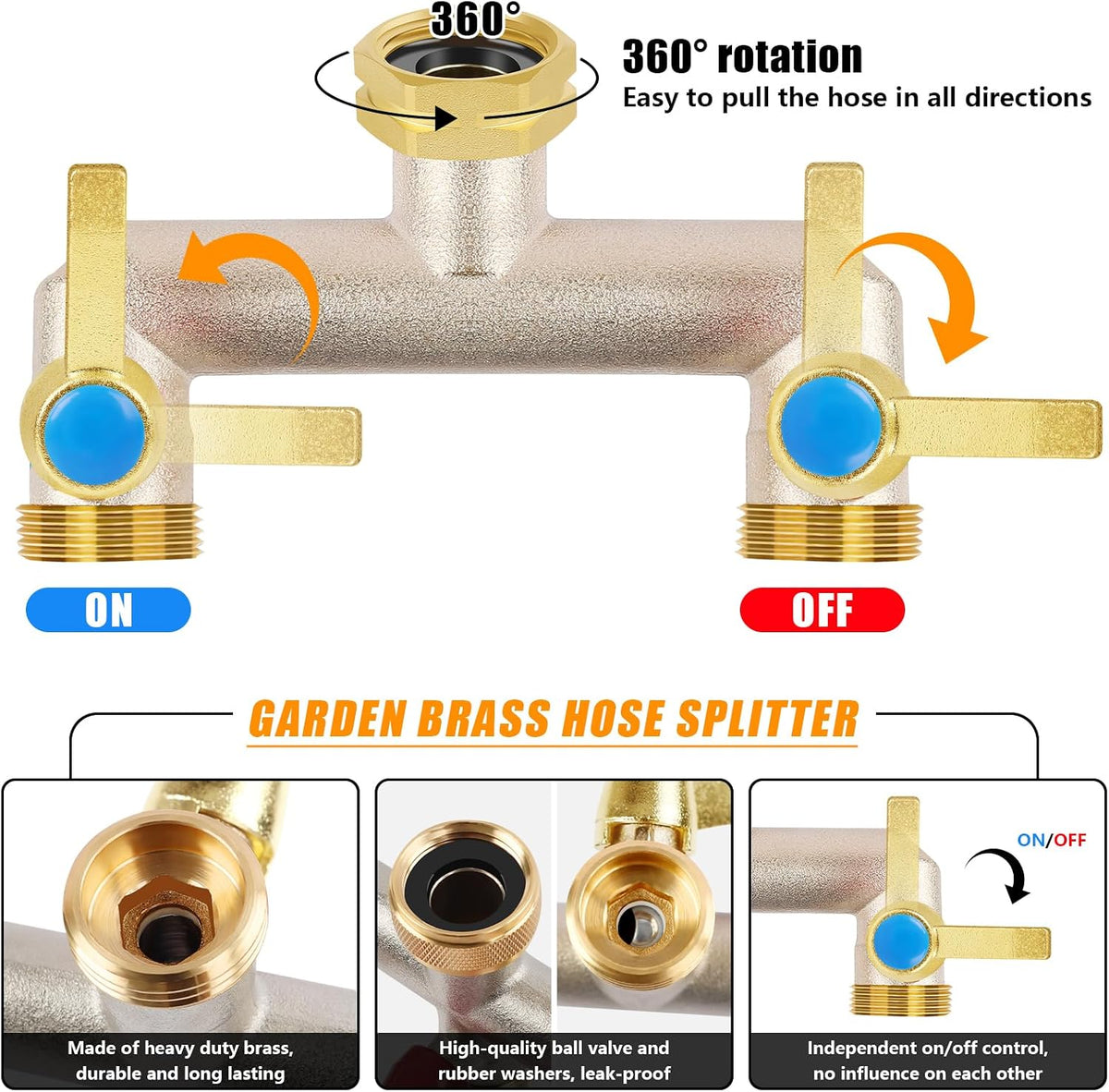 Upgraded Brass Garden Hose Splitter 3 Way Heavy Duty with Extension Handle