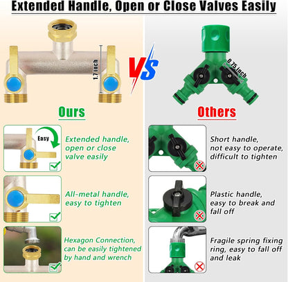 Upgraded Brass Garden Hose Splitter 3 Way Heavy Duty with Extension Handle