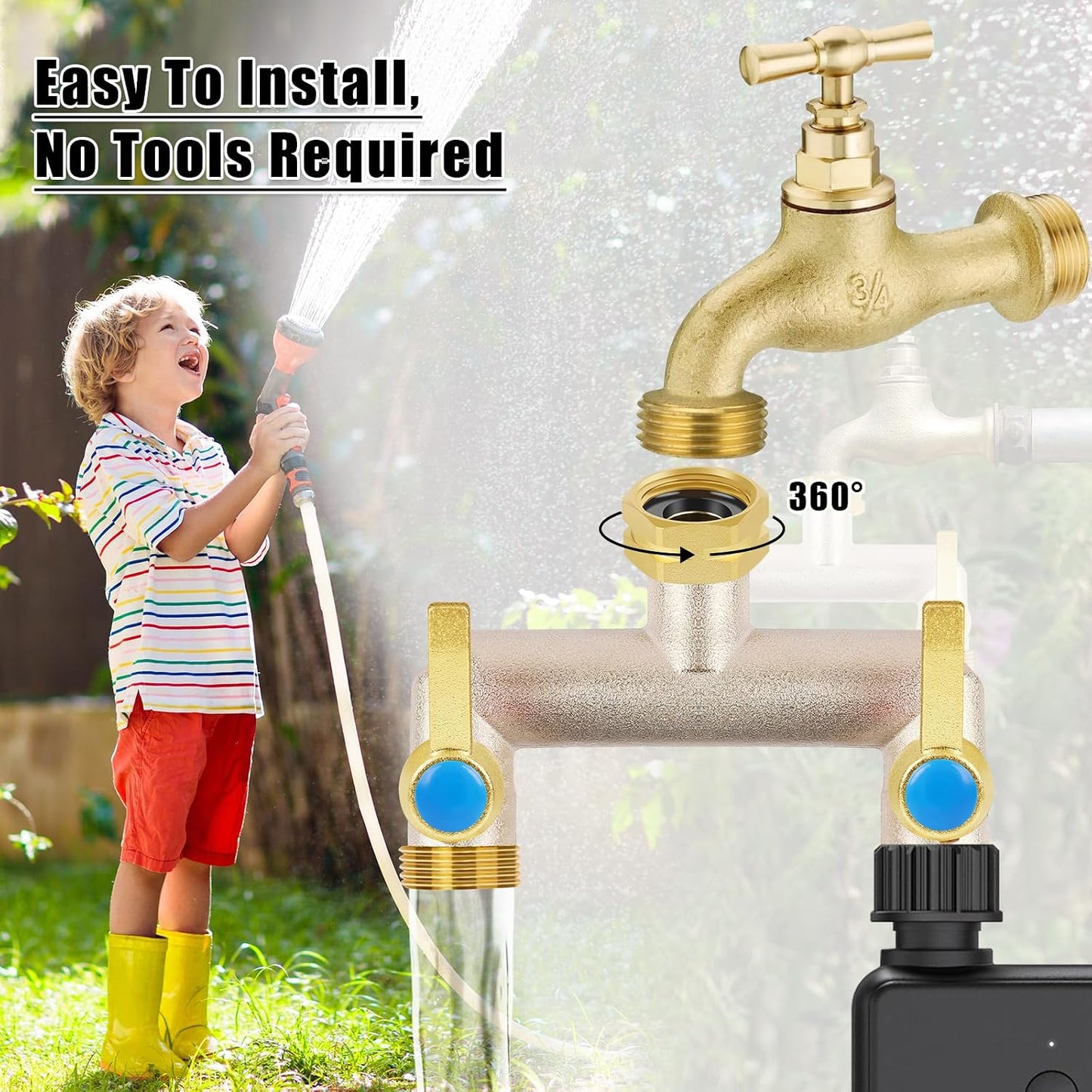 Upgraded Brass Garden Hose Splitter 3 Way Heavy Duty with Extension Handle