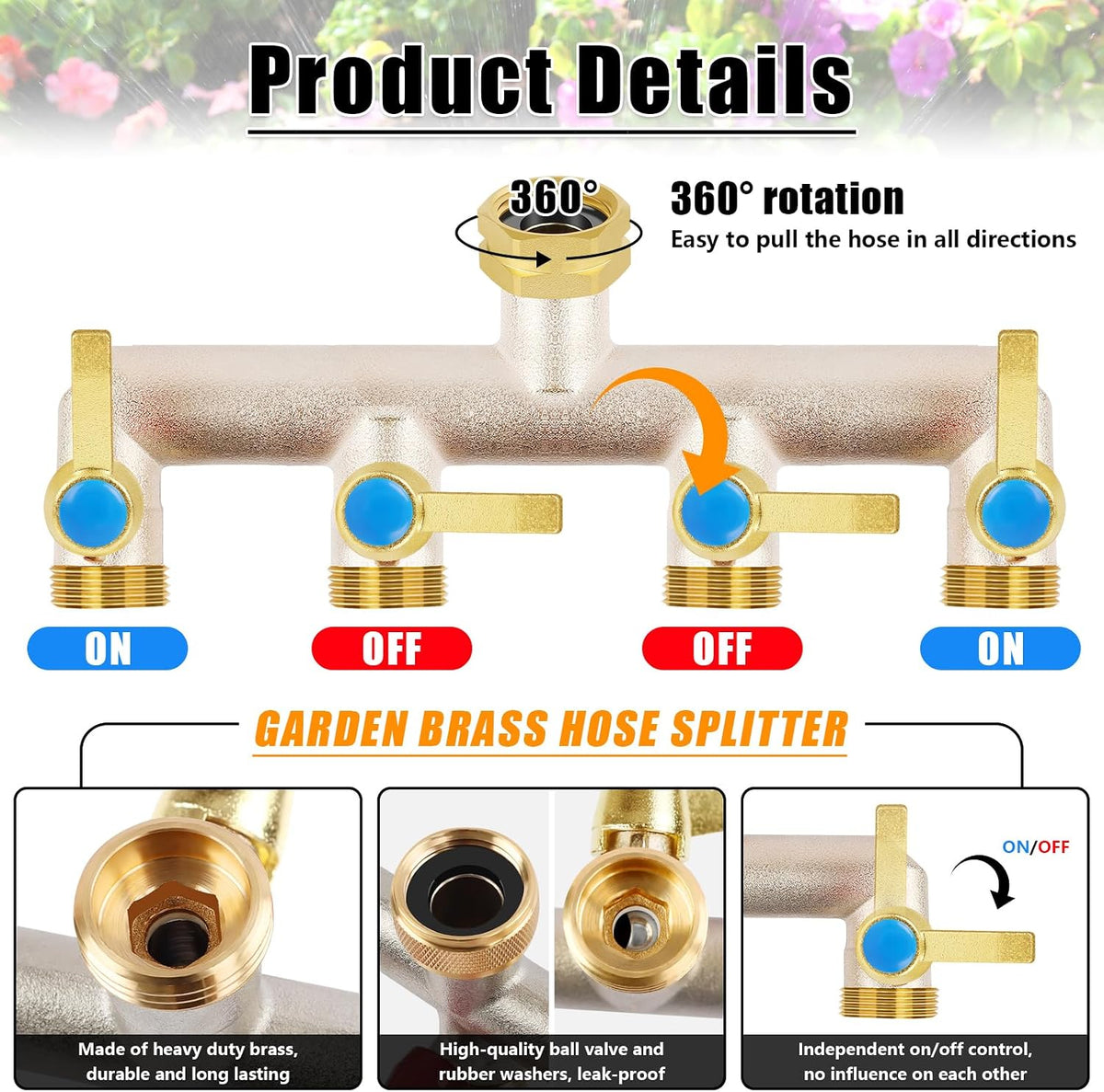 Upgraded Brass Garden Hose Splitter 3 Way Heavy Duty with Extension Handle