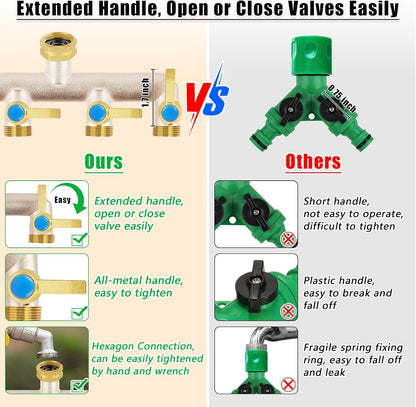 Upgraded Brass Garden Hose Splitter 3 Way Heavy Duty with Extension Handle