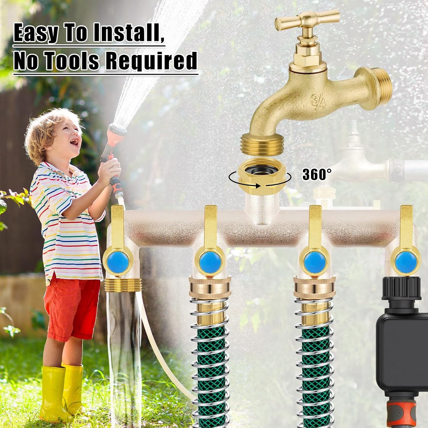 Upgraded Brass Garden Hose Splitter 3 Way Heavy Duty with Extension Handle