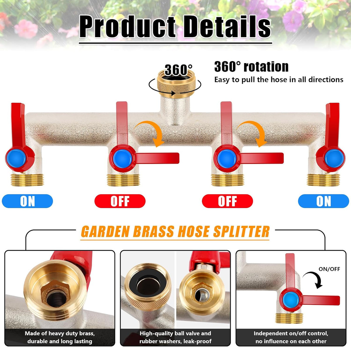 Upgraded Brass Garden Hose Splitter 3 Way Heavy Duty with Extension Handle
