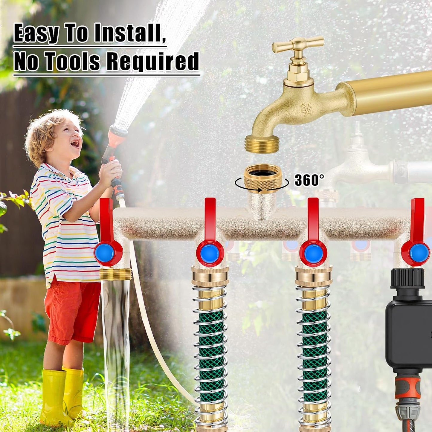 Upgraded Brass Garden Hose Splitter 3 Way Heavy Duty with Extension Handle