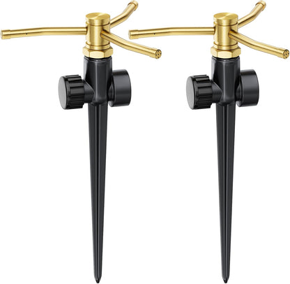 2 Pack Metal Lawn Sprinklers with Spike Base, Heavy Duty Automatic Rotary Garden Sprinkler System, 3-Arm Water Sprinkler 360 Degree Large Area Coverage for Plant, Flower Bed and Patio