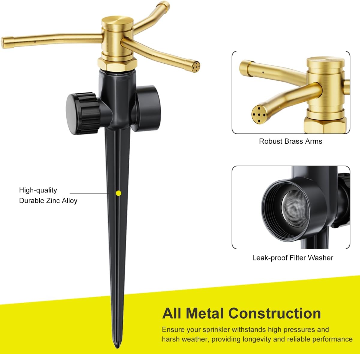 2 Pack Metal Lawn Sprinklers with Spike Base, Heavy Duty Automatic Rotary Garden Sprinkler System, 3-Arm Water Sprinkler 360 Degree Large Area Coverage for Plant, Flower Bed and Patio