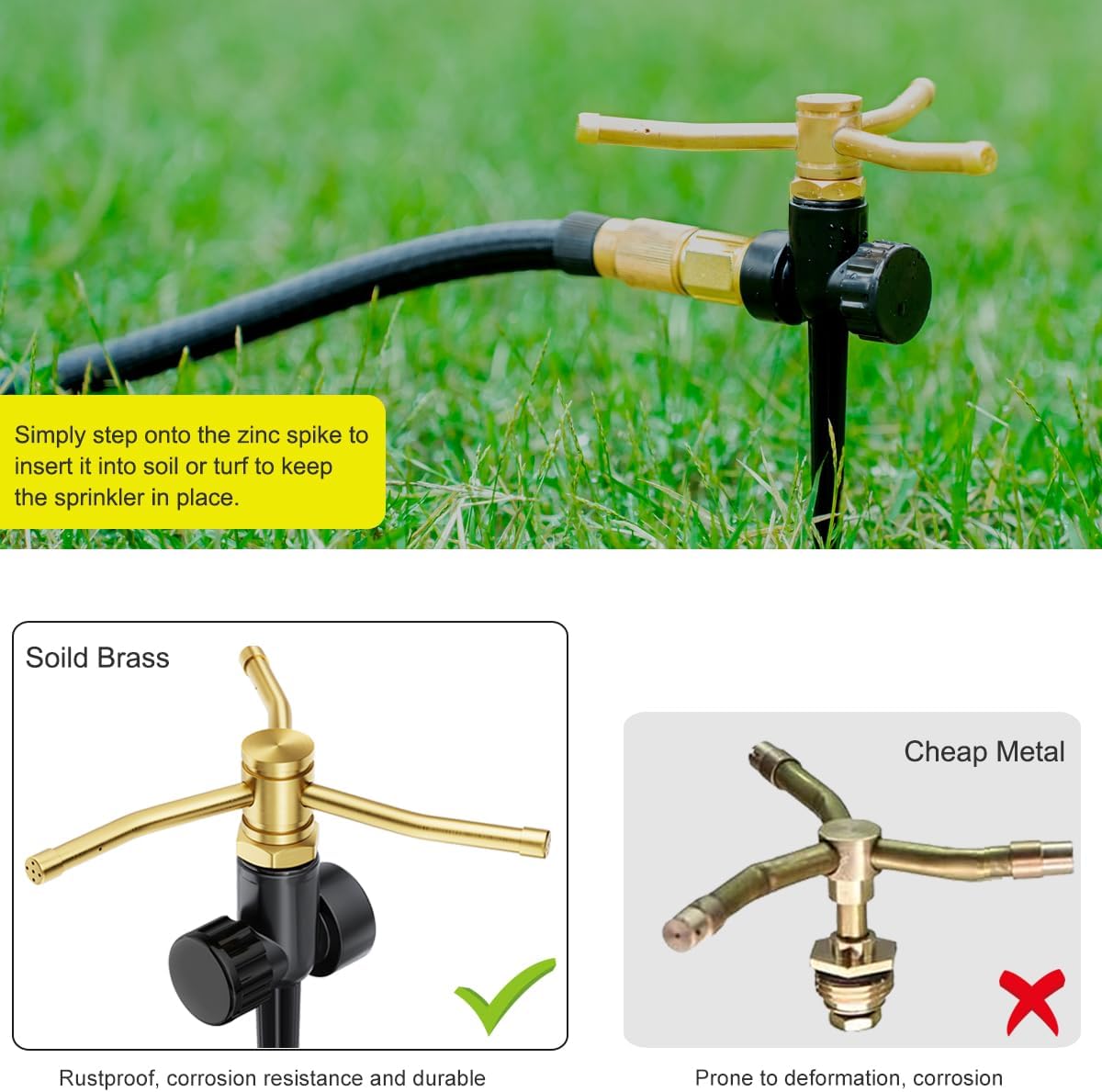 2 Pack Metal Lawn Sprinklers with Spike Base, Heavy Duty Automatic Rotary Garden Sprinkler System, 3-Arm Water Sprinkler 360 Degree Large Area Coverage for Plant, Flower Bed and Patio