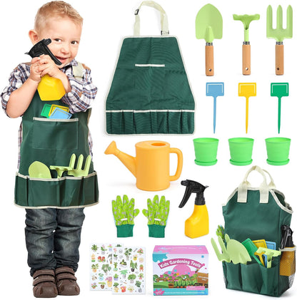 Kids Gardening Tool Set, 20PCS Gardening Toys Includes Metal Rake,Fork,Trowel,Apron,Gloves,Watering Can,Tote Bag and Strickers, Garden Tool Kit for Kids, Outdoor Toys Gift for Boys Girls