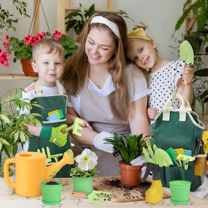 Kids Gardening Tool Set, 20PCS Gardening Toys Includes Metal Rake,Fork,Trowel,Apron,Gloves,Watering Can,Tote Bag and Strickers, Garden Tool Kit for Kids, Outdoor Toys Gift for Boys Girls