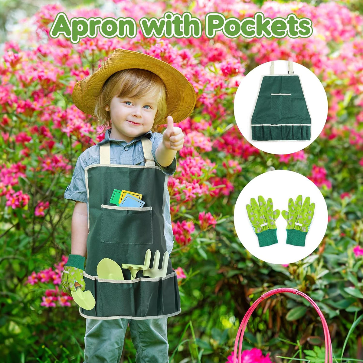 Kids Gardening Tool Set, 20PCS Gardening Toys Includes Metal Rake,Fork,Trowel,Apron,Gloves,Watering Can,Tote Bag and Strickers, Garden Tool Kit for Kids, Outdoor Toys Gift for Boys Girls