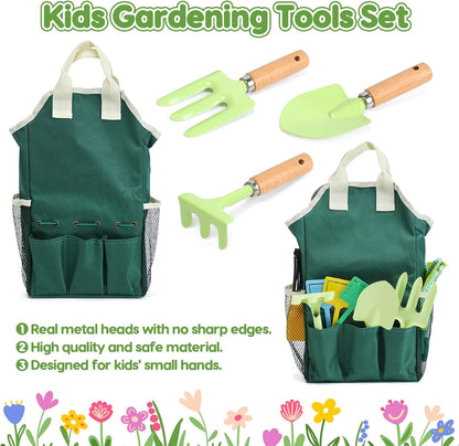 Kids Gardening Tool Set, 20PCS Gardening Toys Includes Metal Rake,Fork,Trowel,Apron,Gloves,Watering Can,Tote Bag and Strickers, Garden Tool Kit for Kids, Outdoor Toys Gift for Boys Girls
