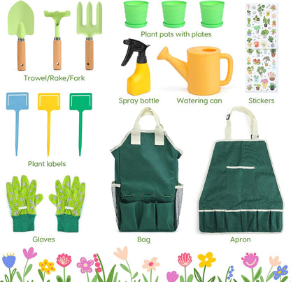 Kids Gardening Tool Set, 20PCS Gardening Toys Includes Metal Rake,Fork,Trowel,Apron,Gloves,Watering Can,Tote Bag and Strickers, Garden Tool Kit for Kids, Outdoor Toys Gift for Boys Girls
