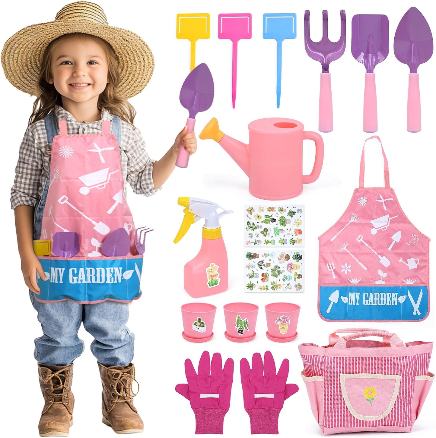 Kids Gardening Tool Set, 20PCS Gardening Toys Includes Metal Rake,Fork,Trowel,Apron,Gloves,Watering Can,Tote Bag and Strickers, Garden Tool Kit for Kids, Outdoor Toys Gift for Boys Girls