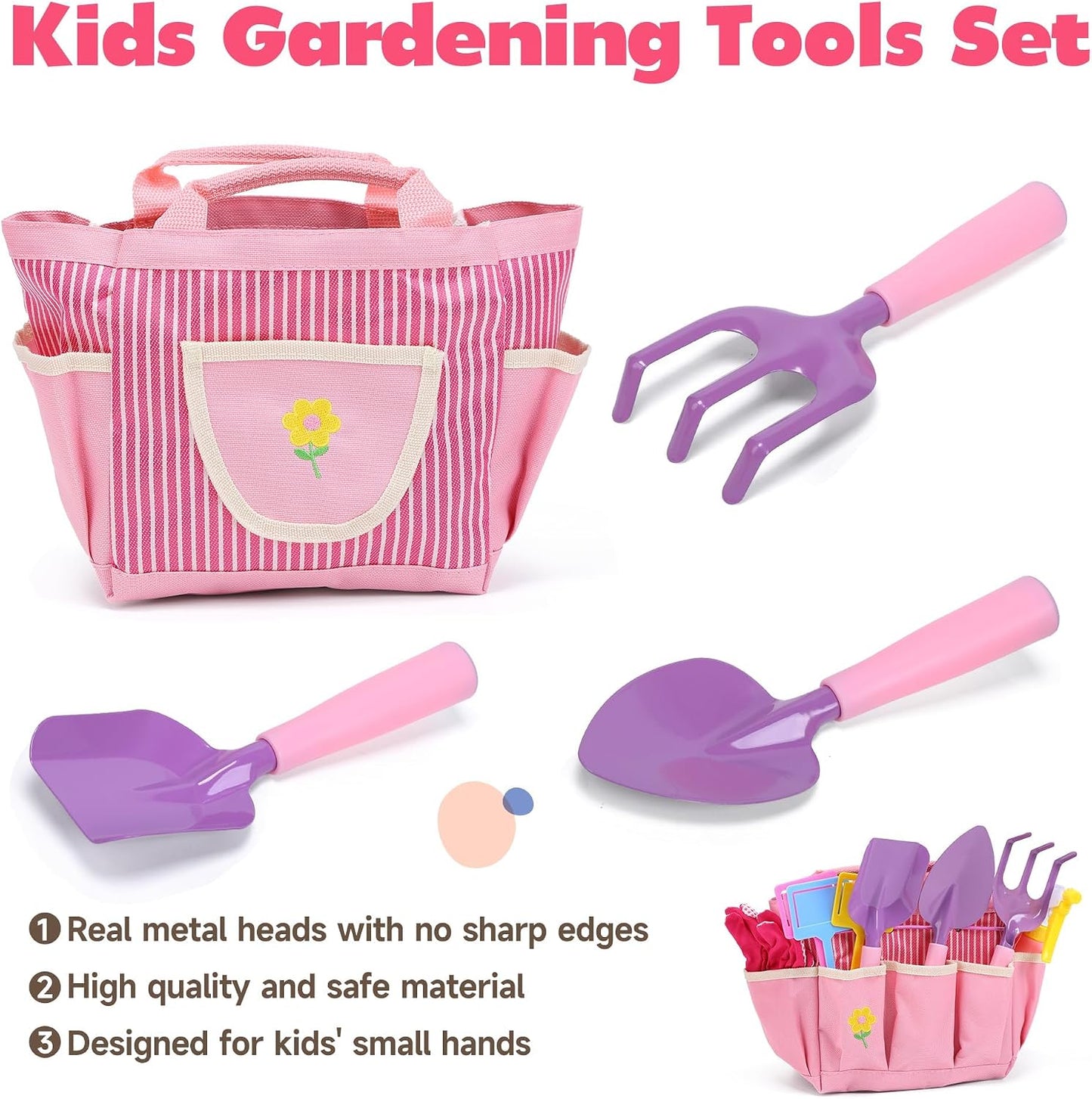 Kids Gardening Tool Set, 20PCS Gardening Toys Includes Metal Rake,Fork,Trowel,Apron,Gloves,Watering Can,Tote Bag and Strickers, Garden Tool Kit for Kids, Outdoor Toys Gift for Boys Girls