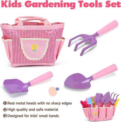 Kids Gardening Tool Set, 20PCS Gardening Toys Includes Metal Rake,Fork,Trowel,Apron,Gloves,Watering Can,Tote Bag and Strickers, Garden Tool Kit for Kids, Outdoor Toys Gift for Boys Girls