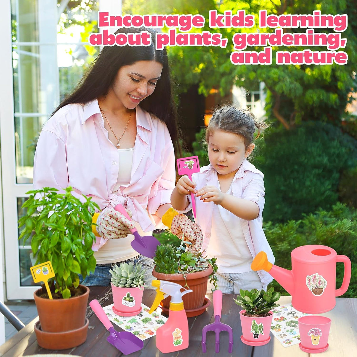 Kids Gardening Tool Set, 20PCS Gardening Toys Includes Metal Rake,Fork,Trowel,Apron,Gloves,Watering Can,Tote Bag and Strickers, Garden Tool Kit for Kids, Outdoor Toys Gift for Boys Girls