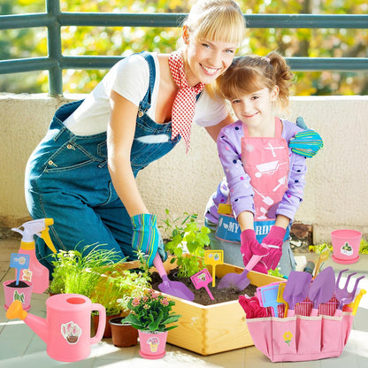 Kids Gardening Tool Set, 20PCS Gardening Toys Includes Metal Rake,Fork,Trowel,Apron,Gloves,Watering Can,Tote Bag and Strickers, Garden Tool Kit for Kids, Outdoor Toys Gift for Boys Girls