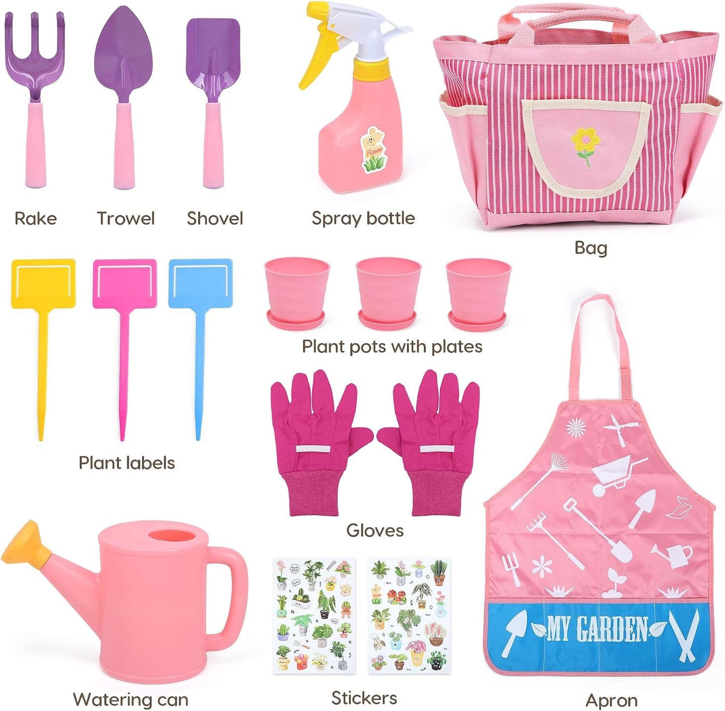 Kids Gardening Tool Set, 20PCS Gardening Toys Includes Metal Rake,Fork,Trowel,Apron,Gloves,Watering Can,Tote Bag and Strickers, Garden Tool Kit for Kids, Outdoor Toys Gift for Boys Girls