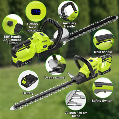 Hedge Trimmer Cordless, 20-Inch for Bushes, 2 Batteries, Lightweight Design