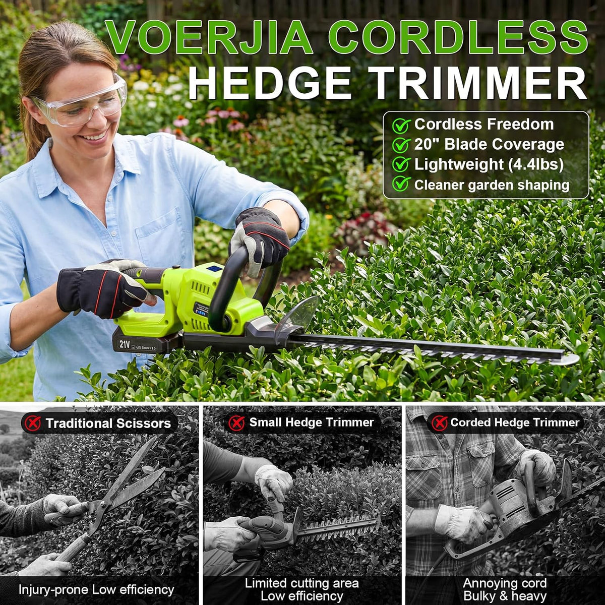 Hedge Trimmer Cordless, 20-Inch for Bushes, 2 Batteries, Lightweight Design