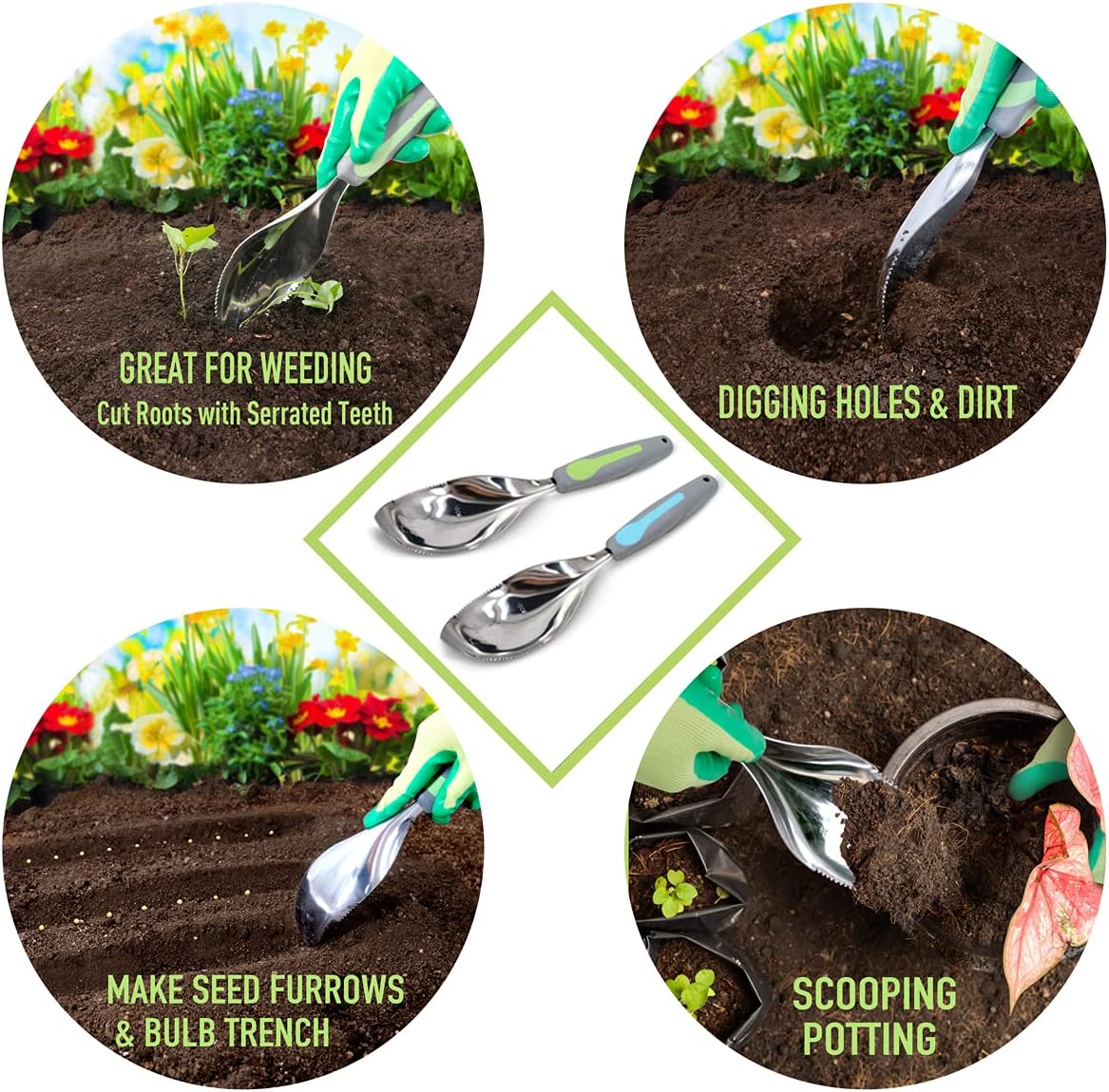2Pack Garden Trowel, Stainless Steel Hand Shovel with Ergonomic Handle, Multi-Use Soil Scoops for Digging, Planting, Transplanting, Cultivating(Blue)