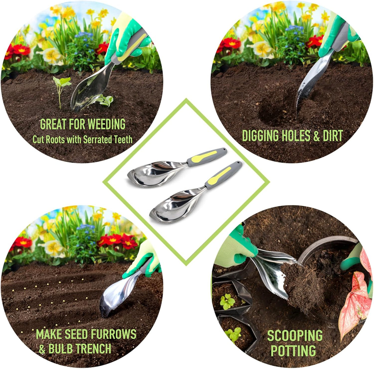2Pack Garden Trowel, Stainless Steel Hand Shovel with Ergonomic Handle, Multi-Use Soil Scoops for Digging, Planting, Transplanting, Cultivating(Blue)
