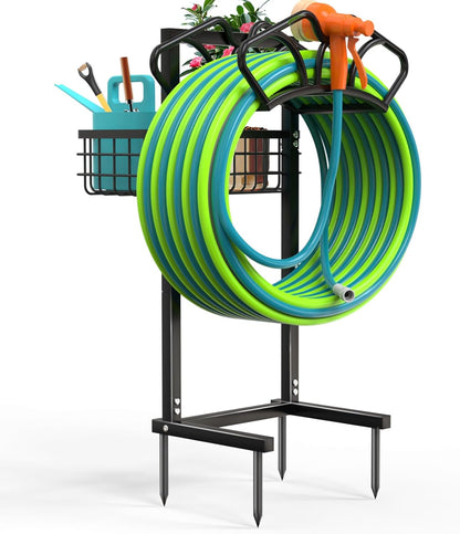 Garden Hose Holder with Large Basket, Heavy Duty Hose Reel, Black