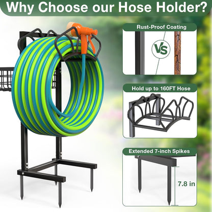 Garden Hose Holder with Large Basket, Heavy Duty Hose Reel, Black