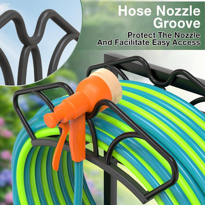 Garden Hose Holder with Large Basket, Heavy Duty Hose Reel, Black