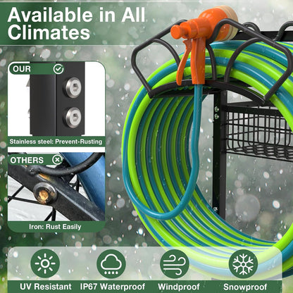 Garden Hose Holder with Large Basket, Heavy Duty Hose Reel, Black
