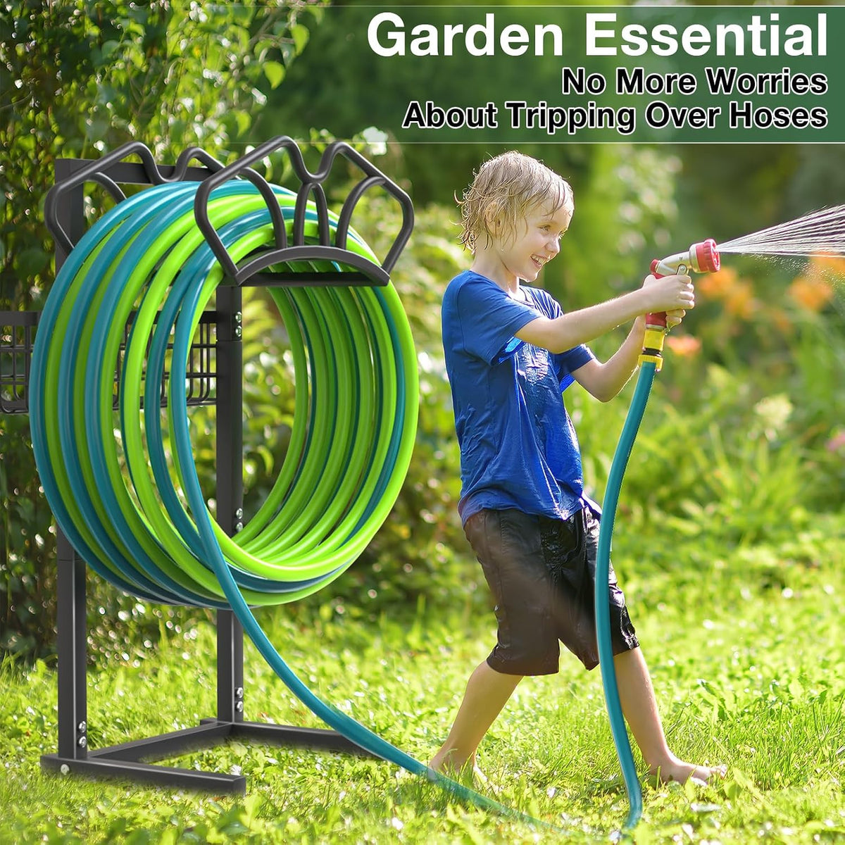 Garden Hose Holder with Large Basket, Heavy Duty Hose Reel, Black
