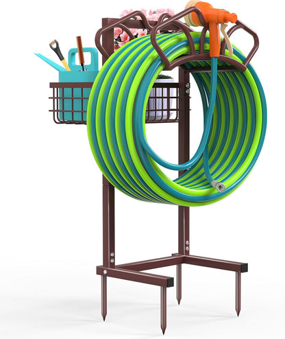 Garden Hose Holder with Large Basket, Heavy Duty Hose Reel, Black