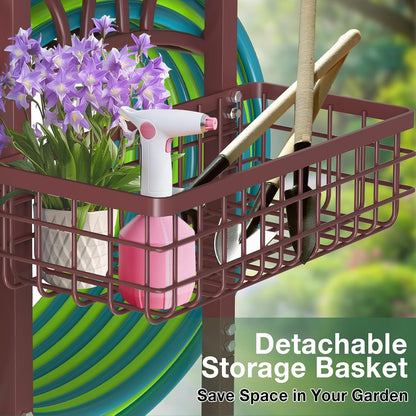 Garden Hose Holder with Large Basket, Heavy Duty Hose Reel, Black
