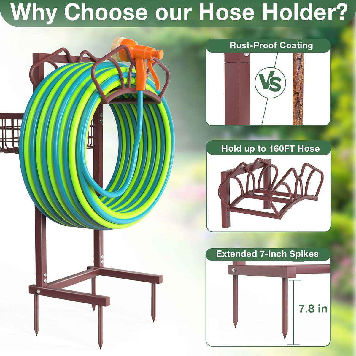 Garden Hose Holder with Large Basket, Heavy Duty Hose Reel, Black